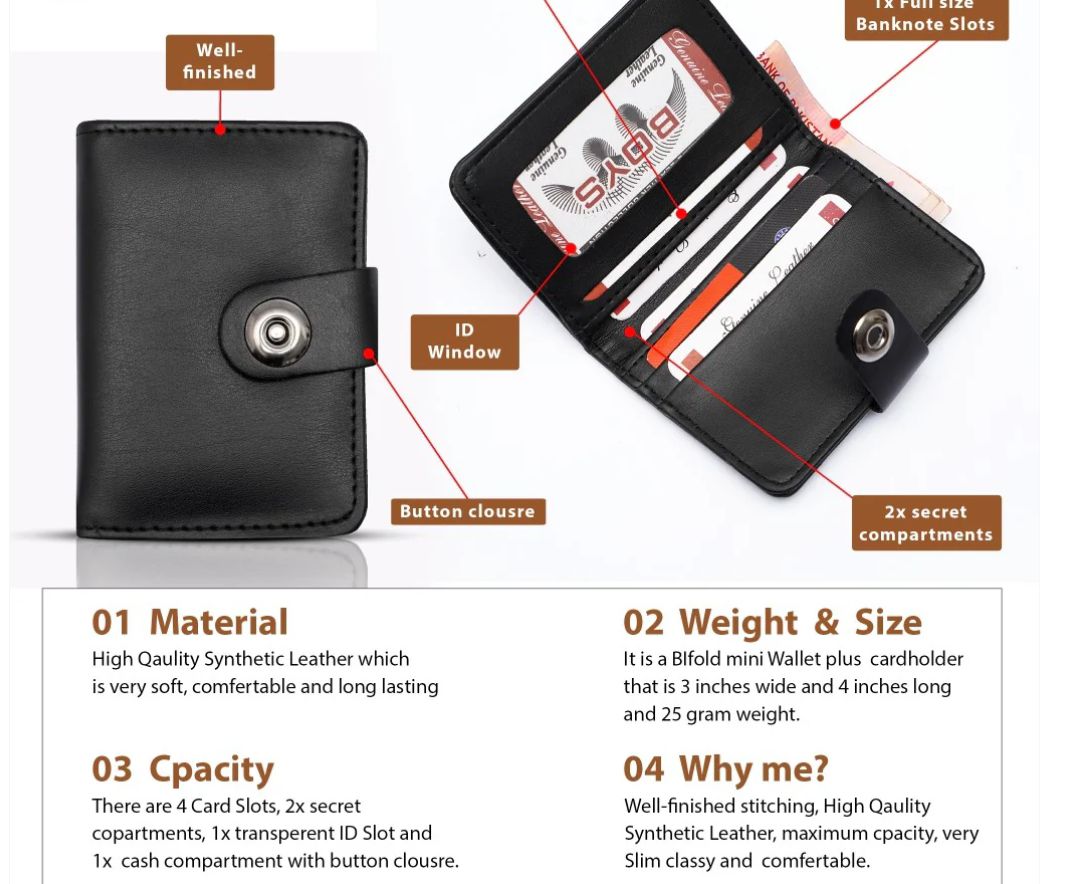 Plain rexine smart wallet with minimal button closure, slim and stylish design for men and women, easy to carry, random color.         Is this helpful so far?    Ask ChatGPT