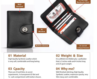 Plain rexine smart wallet with minimal button closure, slim and stylish design for men and women, easy to carry, random color.         Is this helpful so far?    Ask ChatGPT